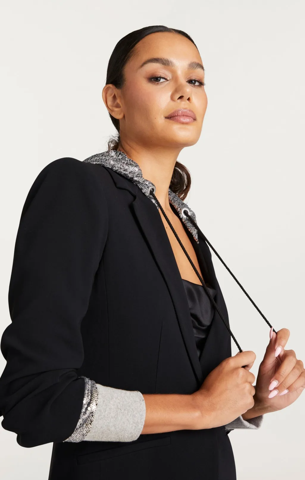 Cinq à Sept Sequin Hooded Khloe Blazer Black/Silver Clearance