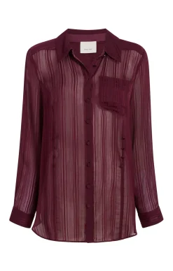Cinq à Sept Sheer Stripe Shirred Kandice Top DarkFig Discount
