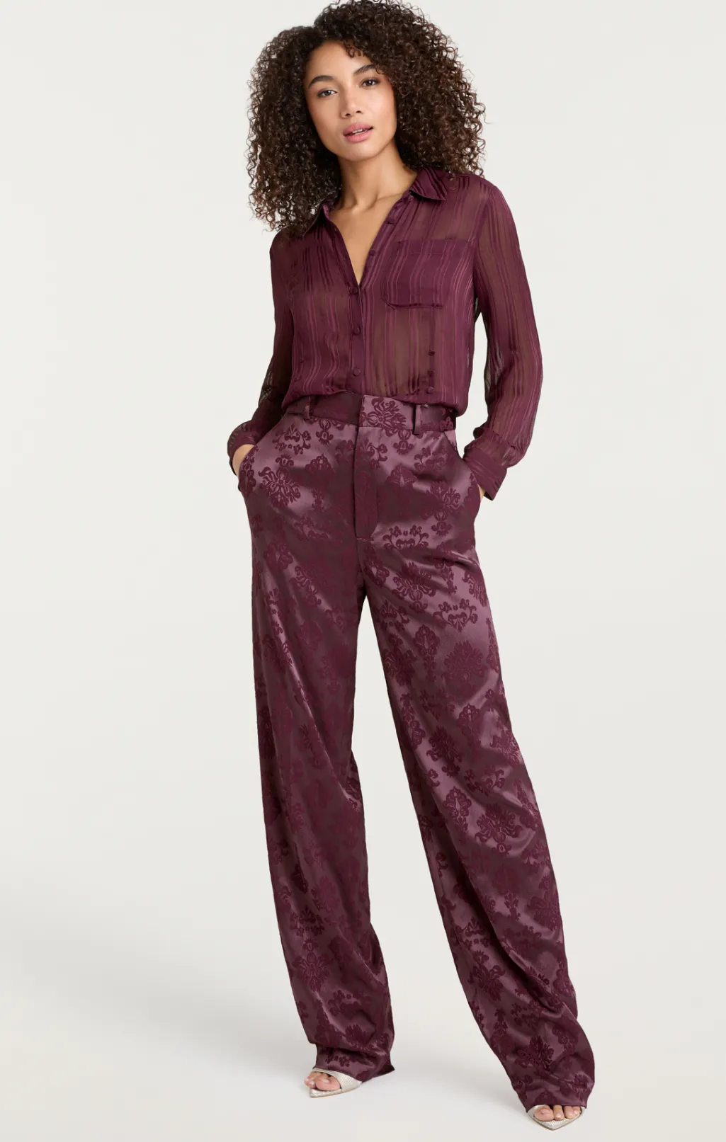 Cinq à Sept Sheer Stripe Shirred Kandice Top DarkFig Discount