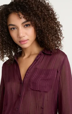 Cinq à Sept Sheer Stripe Shirred Kandice Top DarkFig Discount