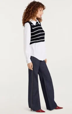 Cinq à Sept Striped Mara Shaker Pullover Navy/Ivory Best