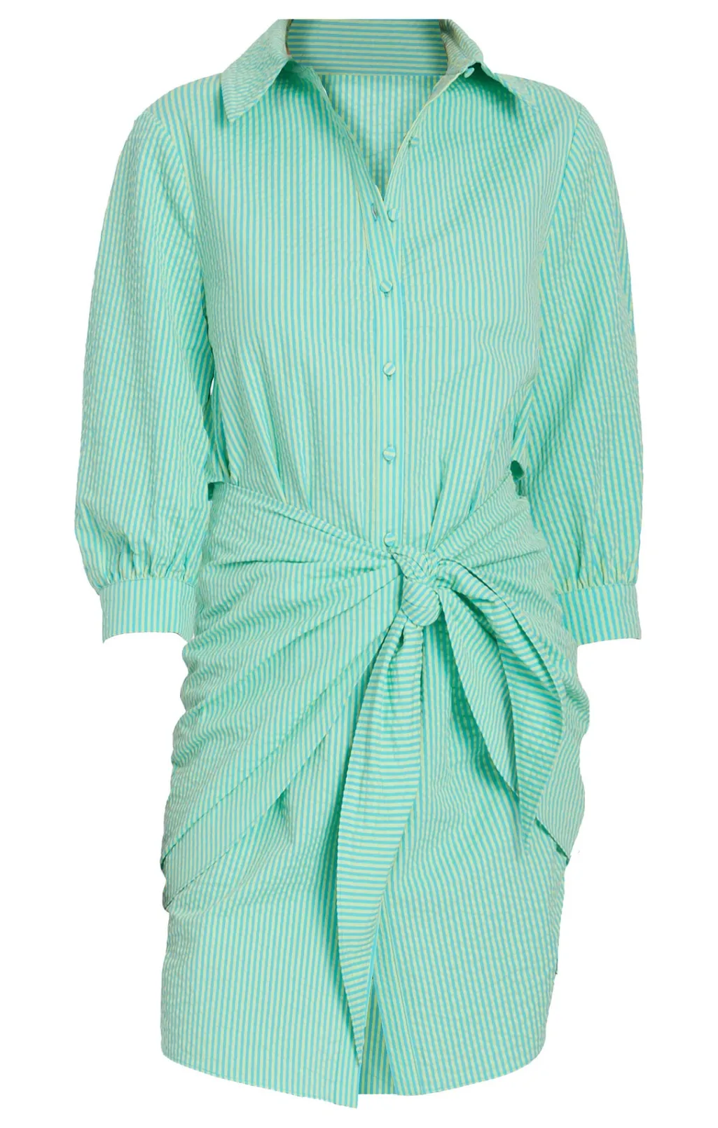 Cinq à Sept Striped Seersucker Three Quarter Sleeve Gaby Dress Cyan/LimaBean