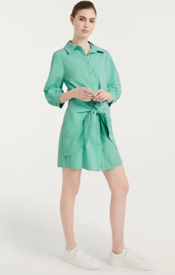 Cinq à Sept Striped Seersucker Three Quarter Sleeve Gaby Dress Cyan/LimaBean