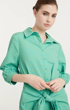 Cinq à Sept Striped Seersucker Three Quarter Sleeve Gaby Dress Cyan/LimaBean