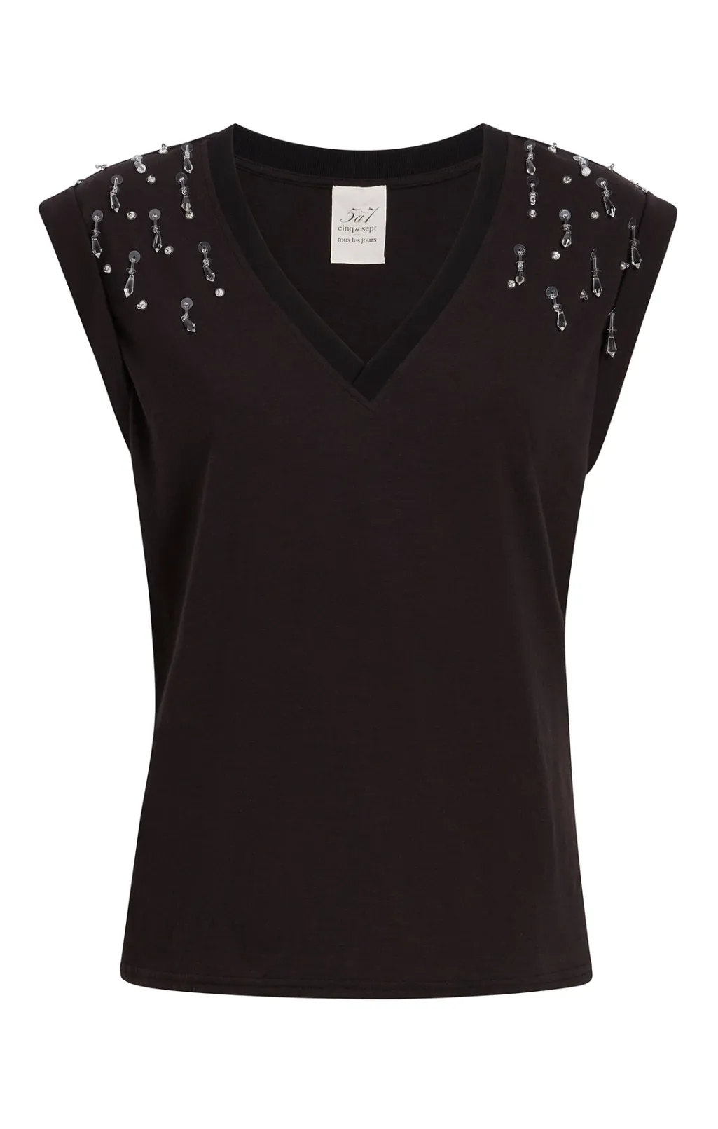 Cinq à Sept Teardrop Crystal Embellished V-Neck Bella Tee BlackMulti Sale