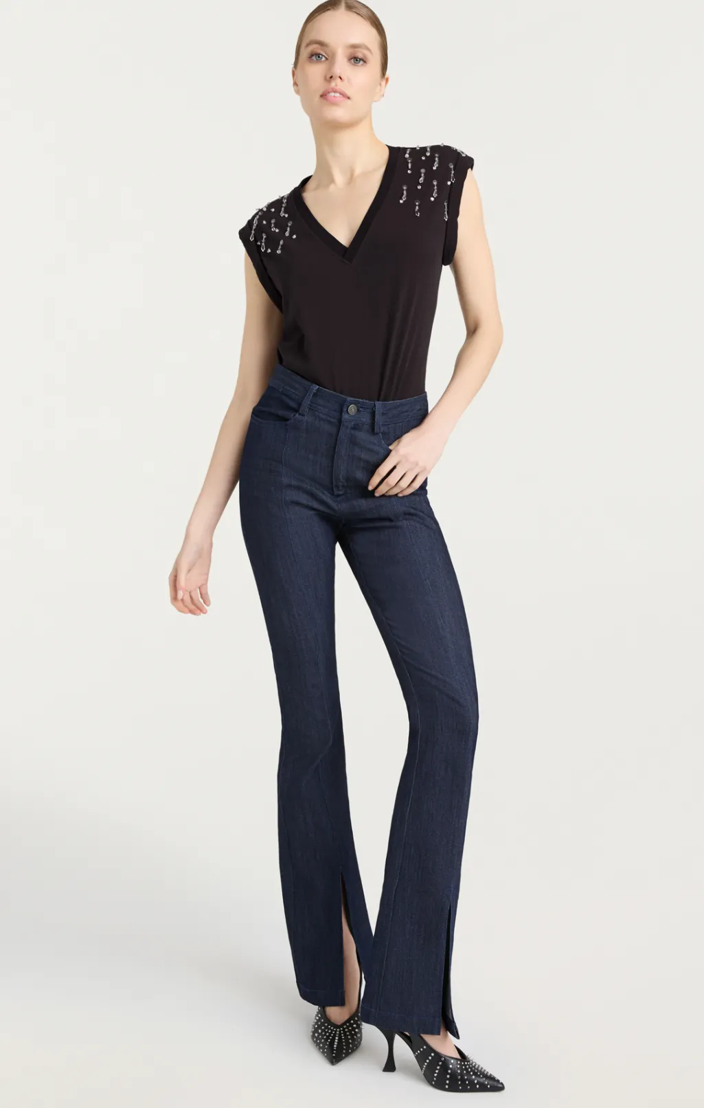 Cinq à Sept Teardrop Crystal Embellished V-Neck Bella Tee BlackMulti Sale