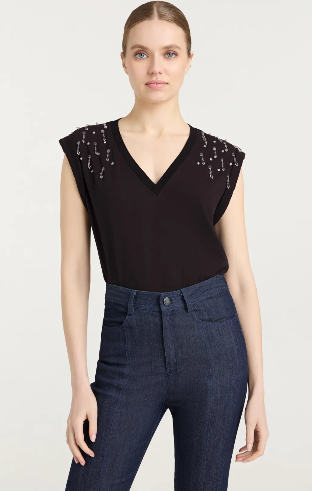 Cinq à Sept Teardrop Crystal Embellished V-Neck Bella Tee BlackMulti Sale
