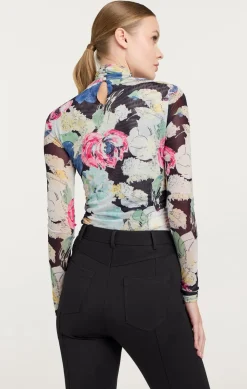 Cinq à Sept Wildwood Flower Shirred Mesh Turtleneck BlackMulti Clearance