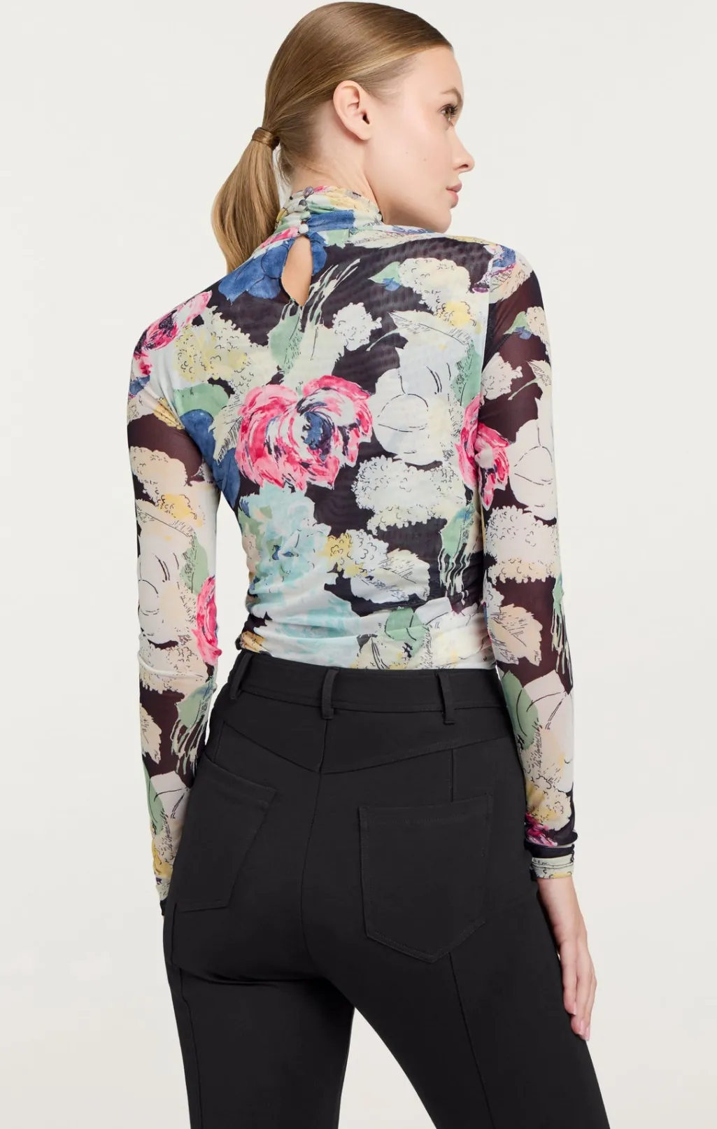 Cinq à Sept Wildwood Flower Shirred Mesh Turtleneck BlackMulti Clearance