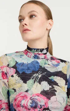 Cinq à Sept Wildwood Flower Shirred Mesh Turtleneck BlackMulti Clearance