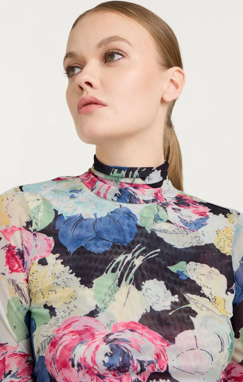 Cinq à Sept Wildwood Flower Shirred Mesh Turtleneck BlackMulti Clearance